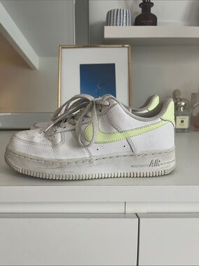 Nike White Leather Sneakers with Neon Yellow Swoosh